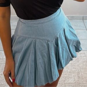 Light Denim Bubble Pleated Skirt